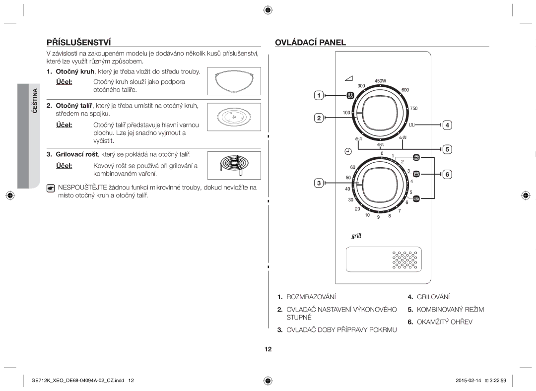 Samsung GE712K-S/XEO manual Příslušenství, Ovládací panel 