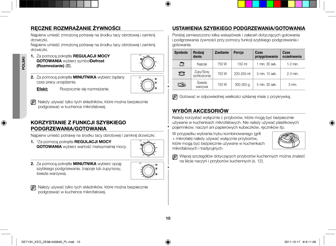 Samsung GE712K/XEO Ręczne rozmrażanie żywności, Korzystanie z funkcji szybkiego podgrzewania/gotowania, Wybór akcesoriów 