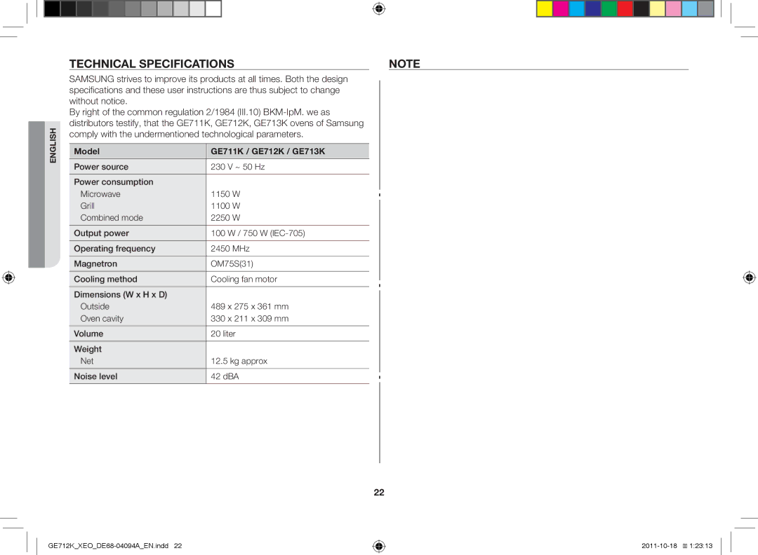 Samsung GE712K/XEO manual Technical specifications, Model GE711K / GE712K / GE713K 