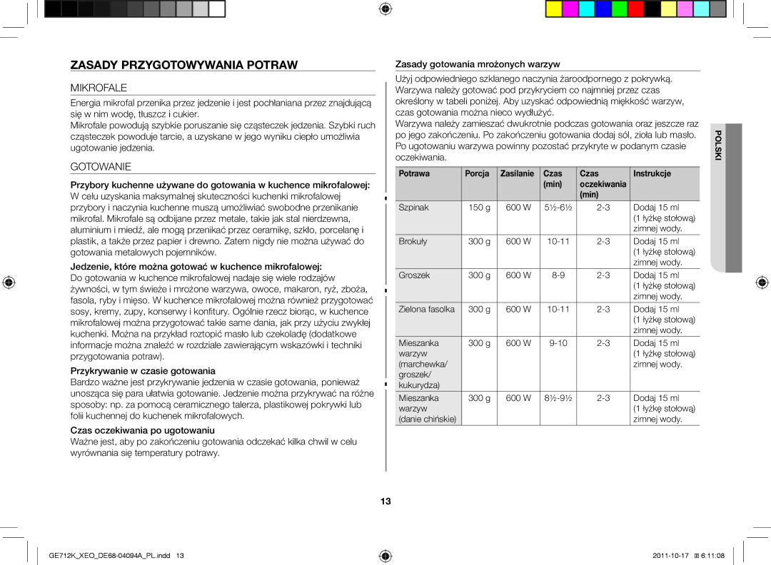 Samsung GE712K/XEO manual Zasady przygotowywania potraw, Mikrofale, Gotowanie, Potrawa Porcja Zasilanie Czas Instrukcje Min 