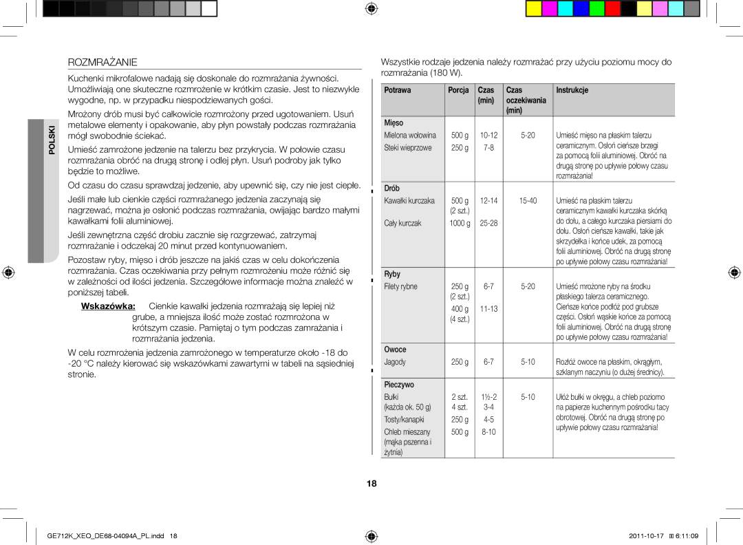 Samsung GE712K/XEO manual Rozmrażanie, Potrawa 