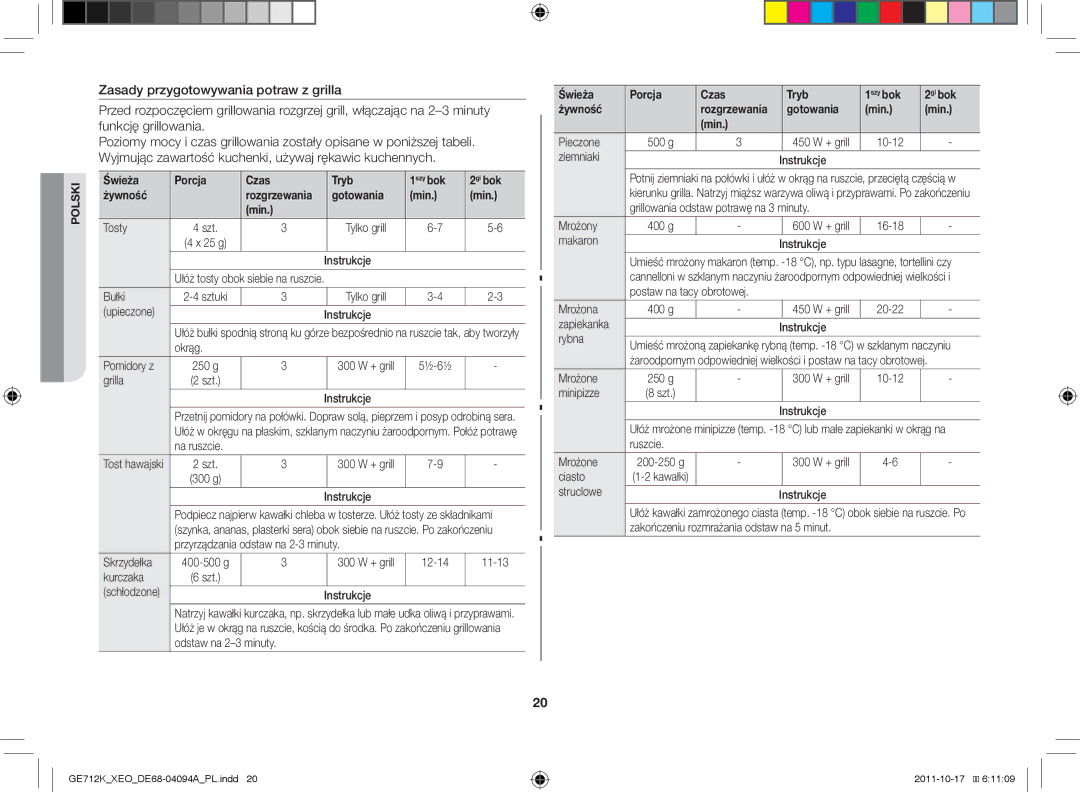 Samsung GE712K/XEO manual Świeża Porcja Czas Tryb 1szy bok 2gi bok Żywność, Gotowania Min Pieczone 500 g 