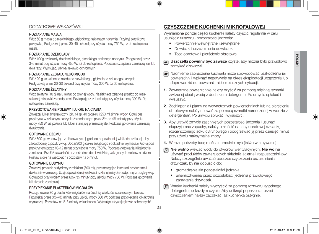 Samsung GE712K/XEO manual Czyszczenie kuchenki mikrofalowej, Dodatkowe Wskazówki 