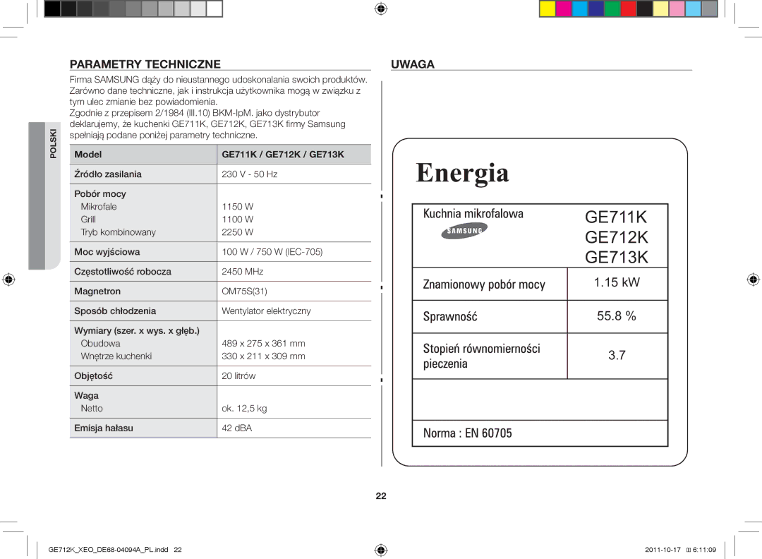 Samsung GE712K/XEO manual Parametry techniczne Uwaga, Zgodnie z przepisem 2/1984 III.10 BKM-IpM. jako dystrybutor 