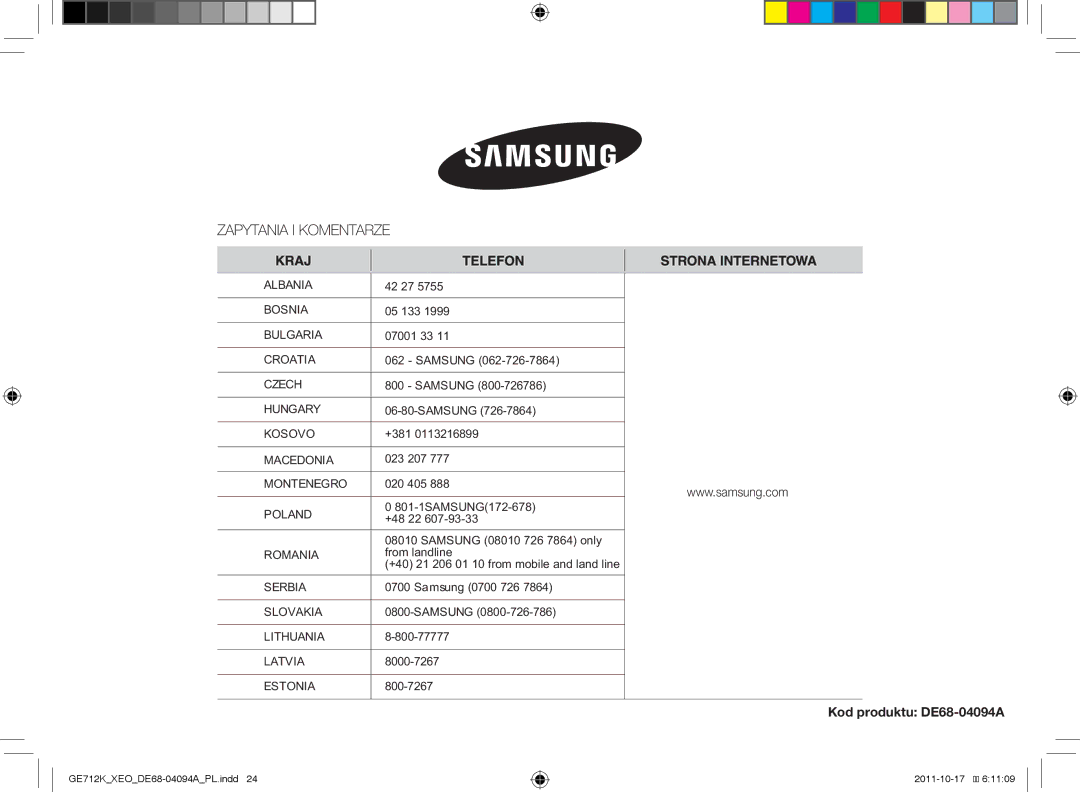 Samsung GE712K/XEO manual Kod produktu DE68-04094A 