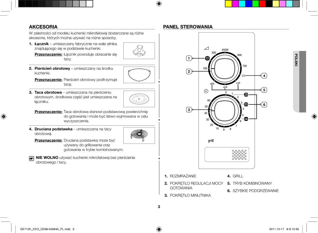 Samsung GE712K/XEO manual Akcesoria, Panel sterowania, Pierścień obrotowy umieszczany na środku kuchenki 