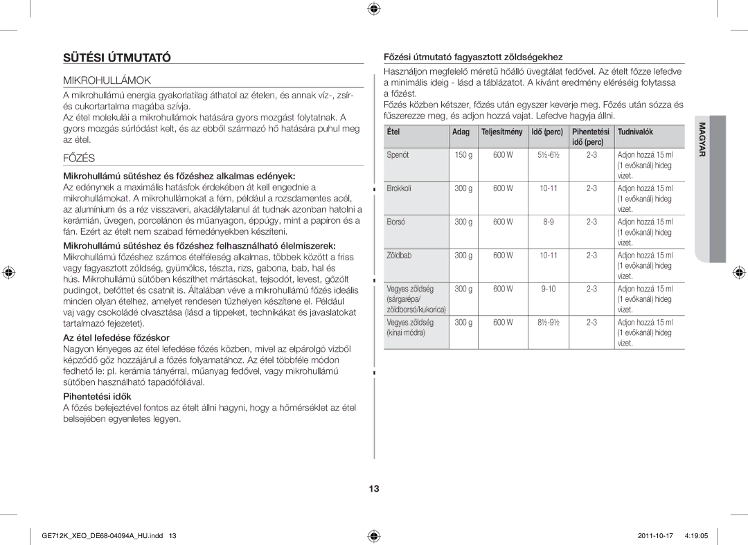 Samsung GE712K/XEO manual Sütési Útmutató, Mikrohullámok, Főzés 