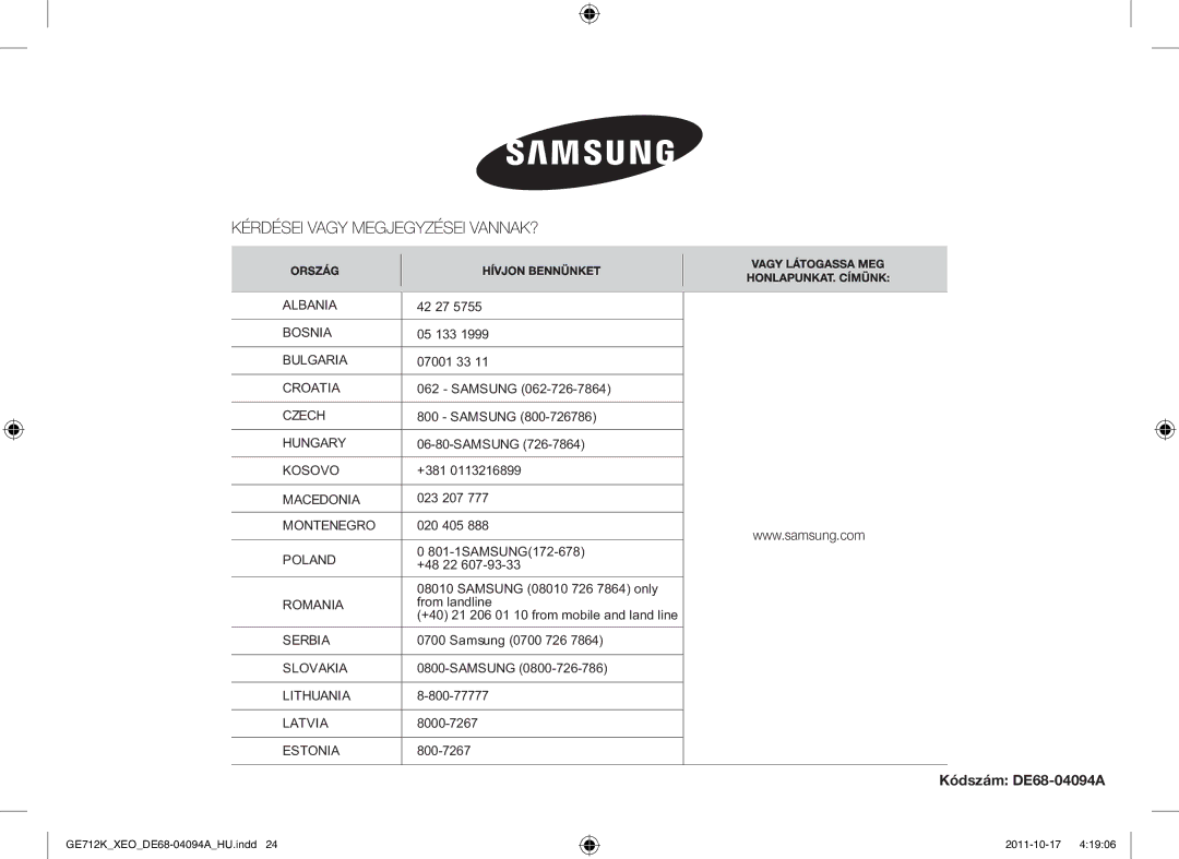 Samsung GE712K/XEO manual Kódszám DE68-04094A, +381 