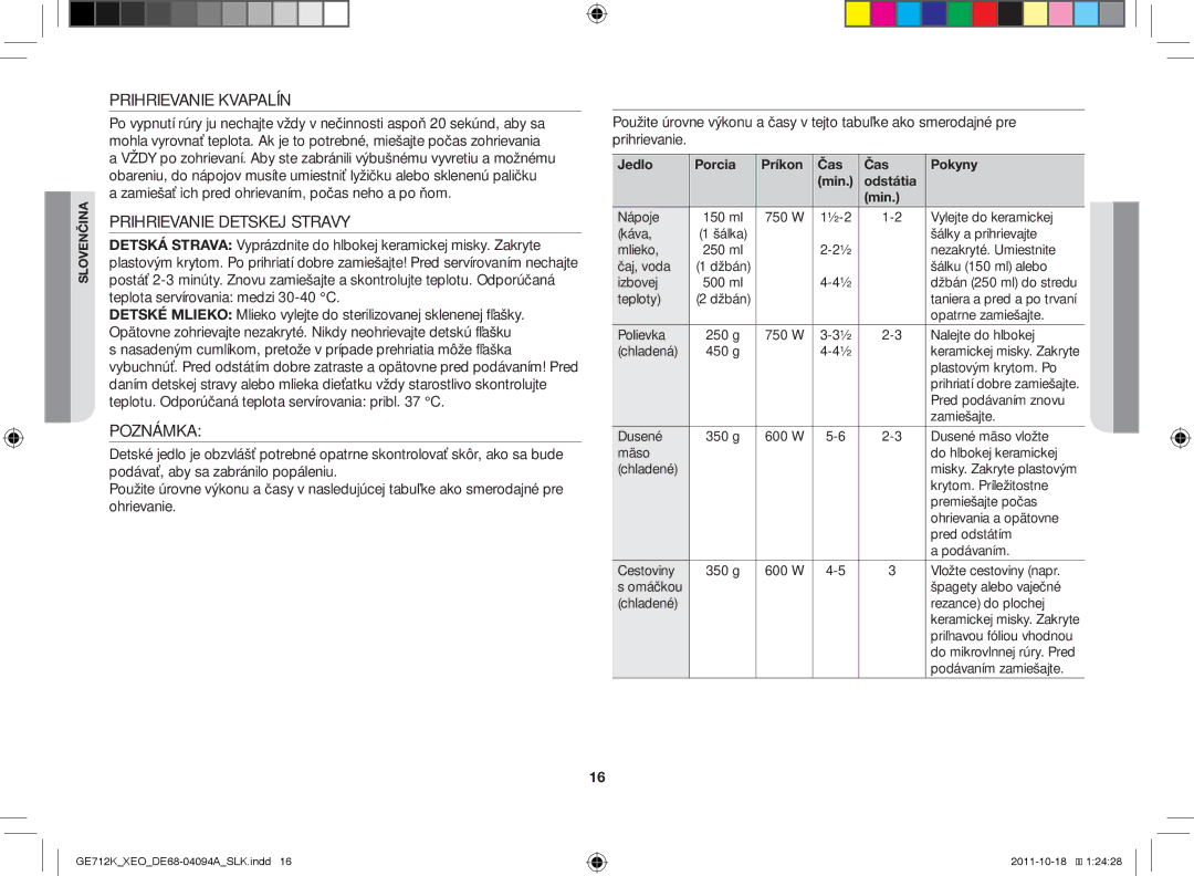 Samsung GE712K/XEO manual Prihrievanie Kvapalín, Prihrievanie Detskej Stravy, Poznámka 