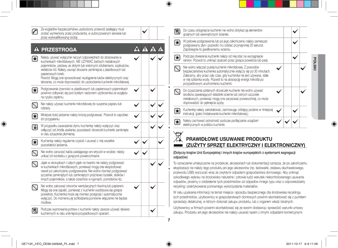 Samsung GE712K/XEO manual Przestroga, Nie wolno włączać pustej kuchenki mikrofalowej. Z powodów 