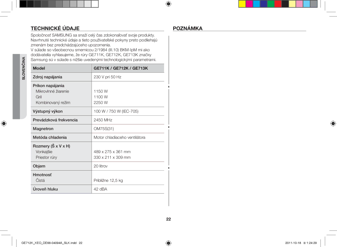 Samsung GE712K/XEO manual Technické údaje Poznámka, Model GE711K / GE712K / GE713K 