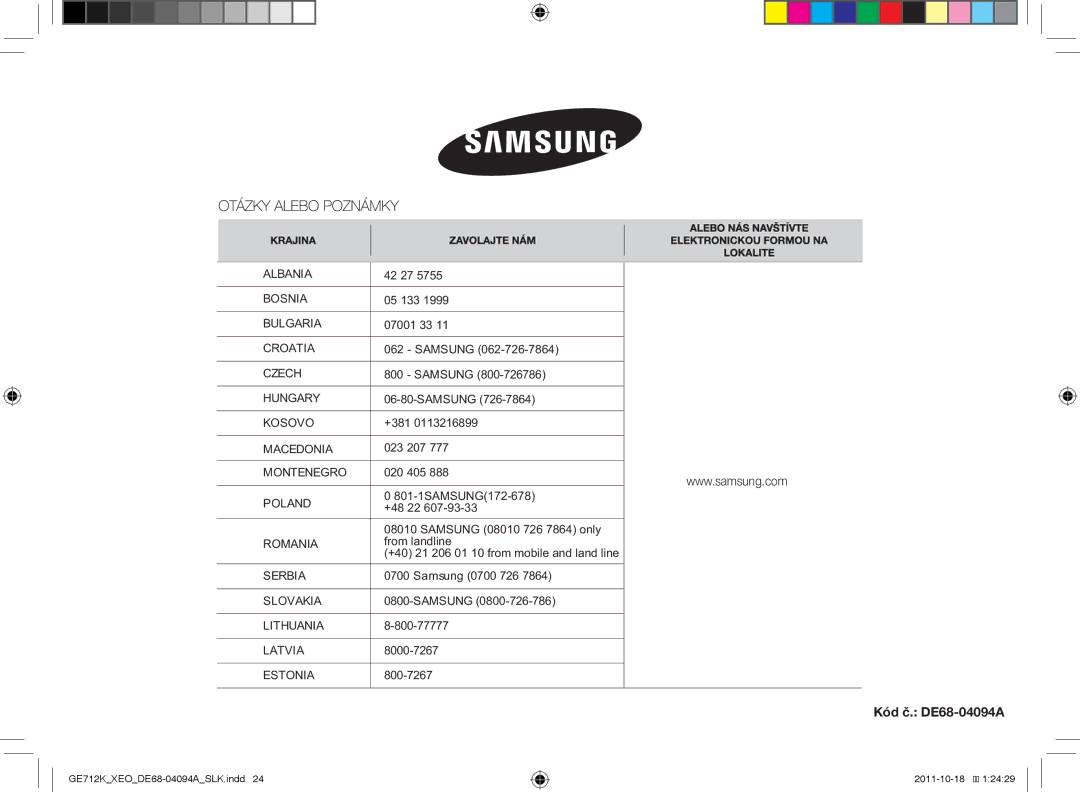 Samsung GE712K/XEO manual Kód č. DE68-04094A, 801-1SAMSUNG172-678, +48 22 Samsung 08010 726 7864 only 