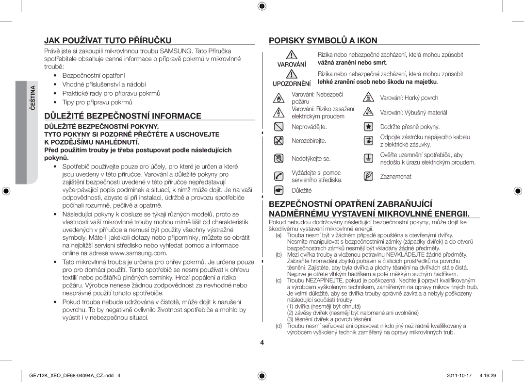 Samsung GE712K/XEO manual JAK Používat Tuto Příručku Popisky Symbolů a Ikon, Důležité Bezpečnostní Informace 