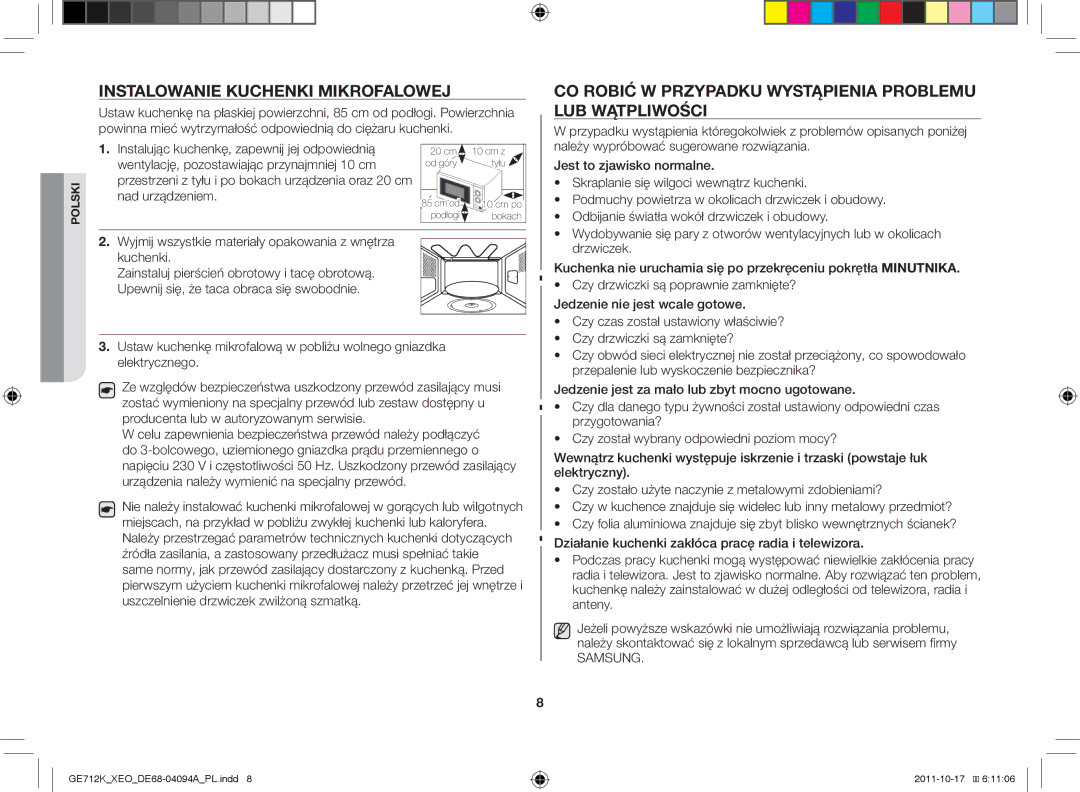 Samsung GE712K/XEO manual Instalowanie kuchenki mikrofalowej, Co robić w przypadku wystąpienia problemu lub wątpliwości 