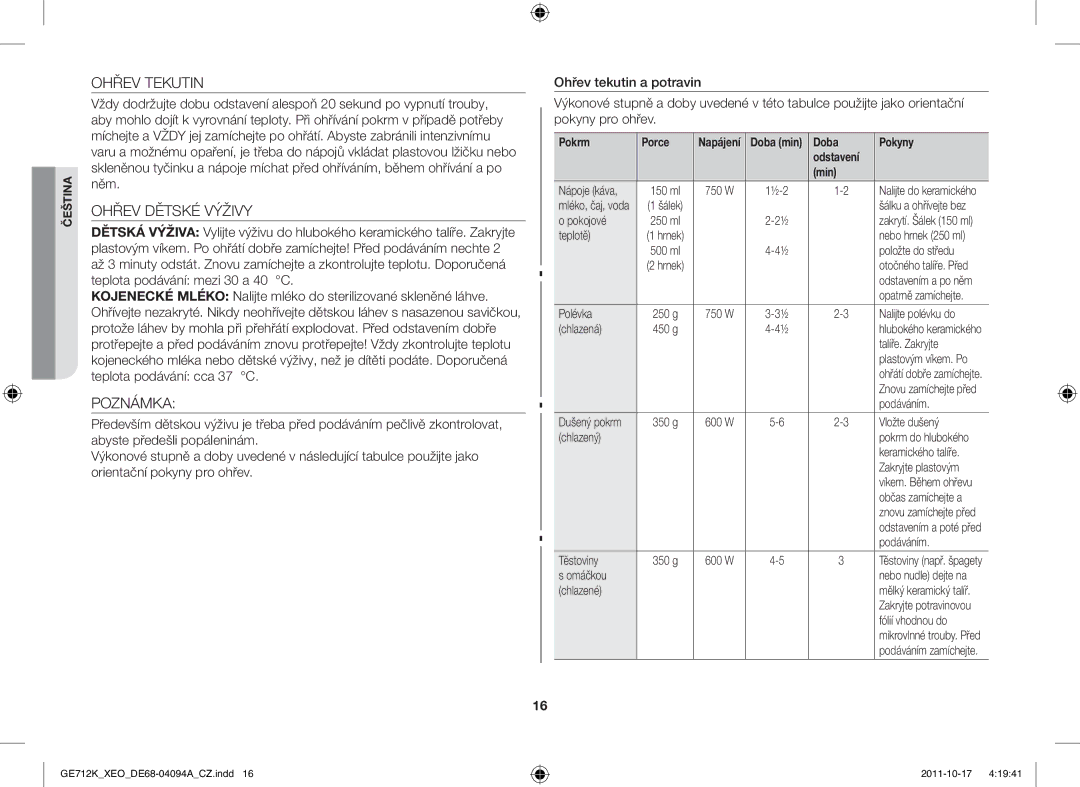 Samsung GE712K/XEO manual Ohřev Tekutin, Ohřev Dětské Výživy, Pokrm Porce, Doba Pokyny Odstavení Min 