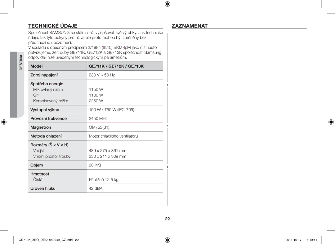 Samsung GE712K/XEO manual Technické Údaje Zaznamenat, Model GE711K / GE712K / GE713K 