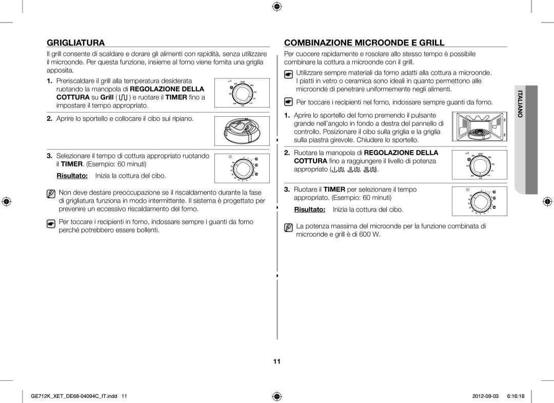 Samsung GE712K/XET manual Grigliatura, Combinazione Microonde E Grill 