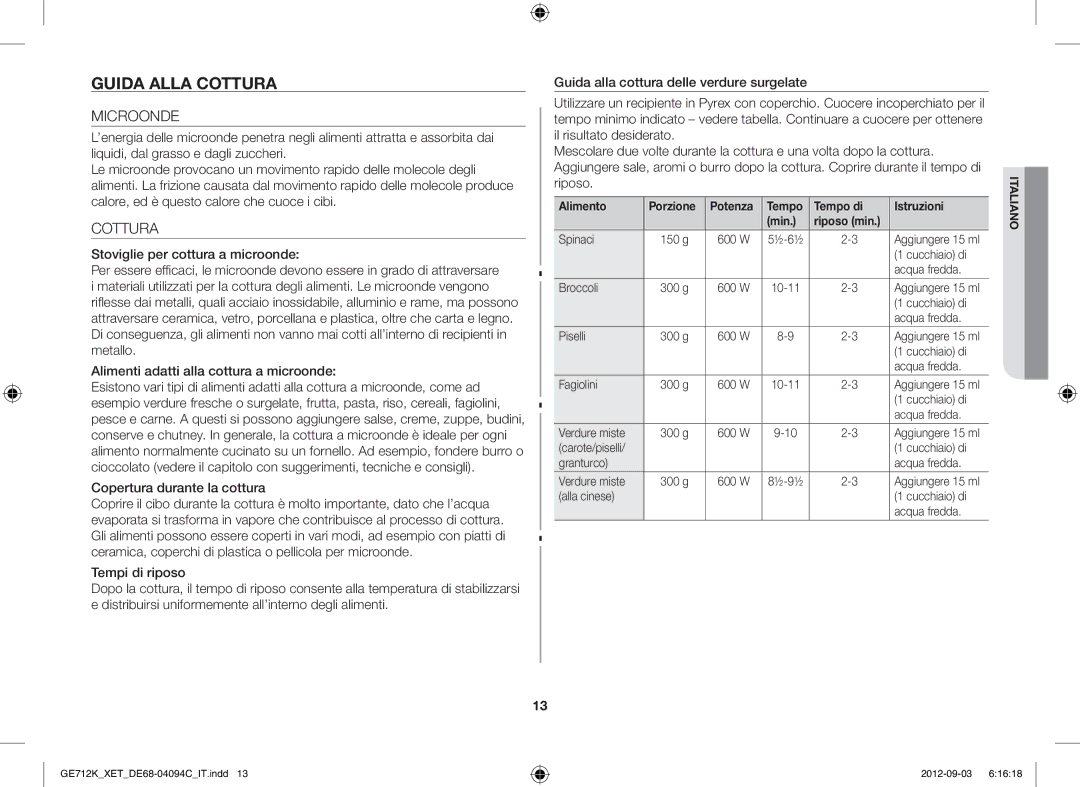 Samsung GE712K/XET manual Guida Alla Cottura, Microonde, Alimento Porzione Potenza Tempo Tempo di Istruzioni Min 