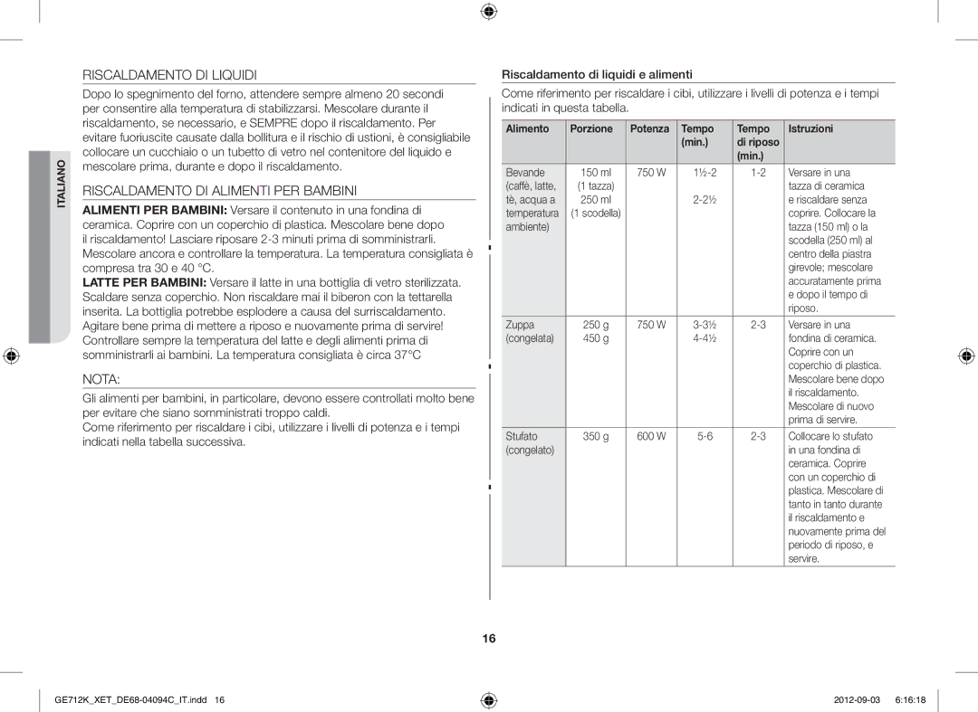 Samsung GE712K/XET manual Riscaldamento DI Liquidi, Riscaldamento DI Alimenti PER Bambini, Nota 