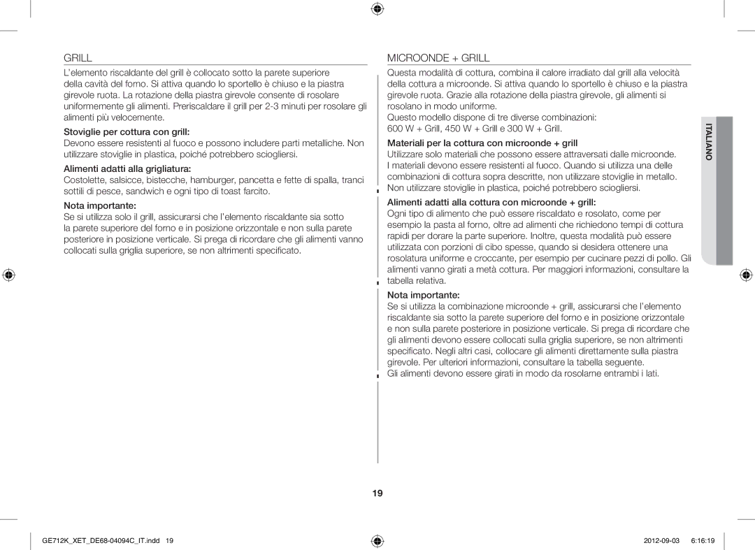 Samsung GE712K/XET manual Microonde + Grill 