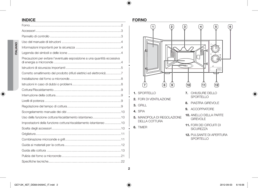 Samsung GE712K/XET manual Indice, Forno 