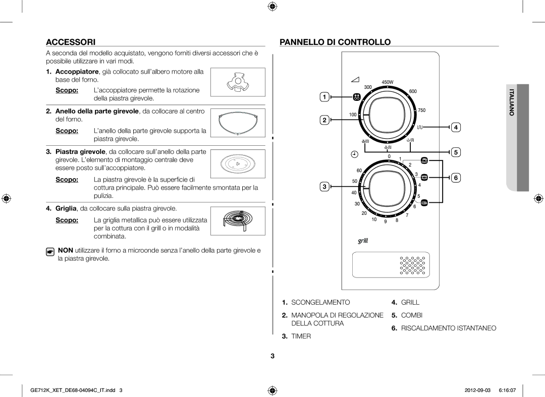 Samsung GE712K/XET manual Accessori, Pannello DI Controllo 