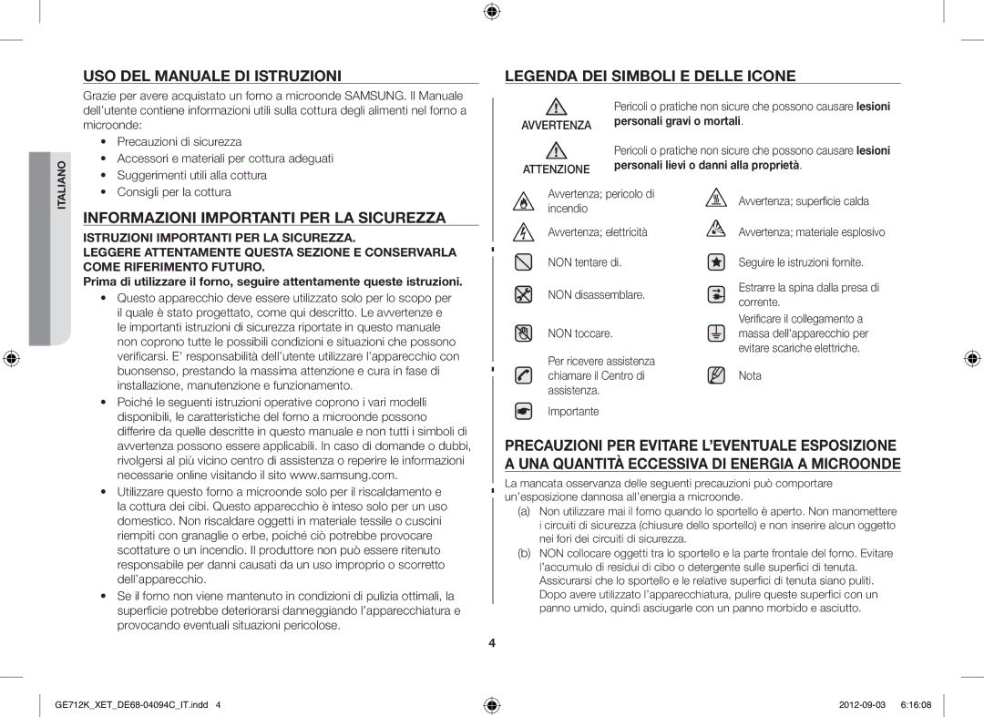 Samsung GE712K/XET manual USO DEL Manuale DI Istruzioni, Informazioni Importanti PER LA Sicurezza 