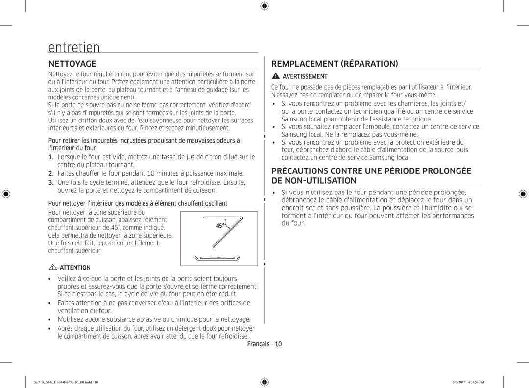 Samsung GE71A-B/XEF manual Entretien, Nettoyage, Remplacement Réparation, Avertissement 