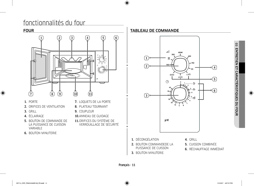 Samsung GE71A-B/XEF manual Fonctionnalités du four, Four, Tableau DE Commande, Variable Bouton Minuterie 