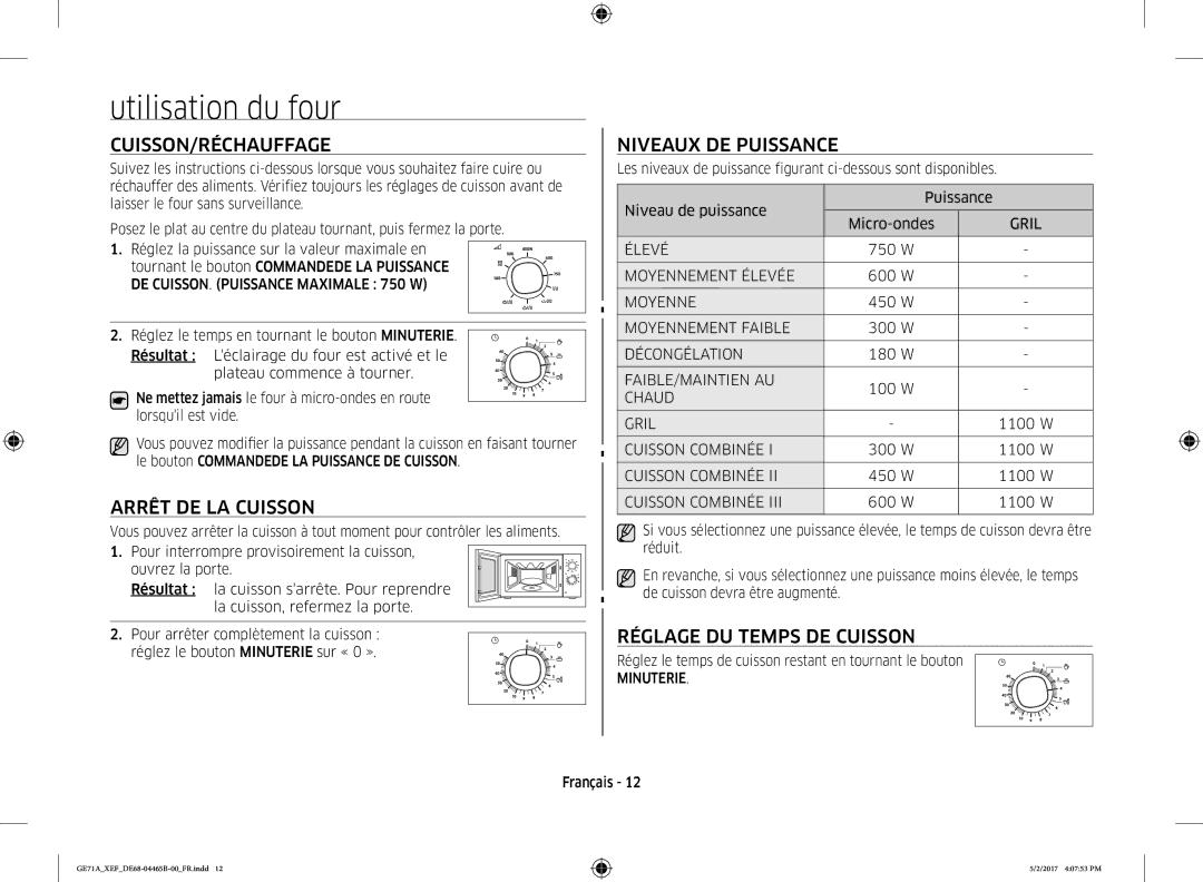 Samsung GE71A-B/XEF manual Utilisation du four, Cuisson/Réchauffage, Niveaux DE Puissance, Arrêt DE LA Cuisson 