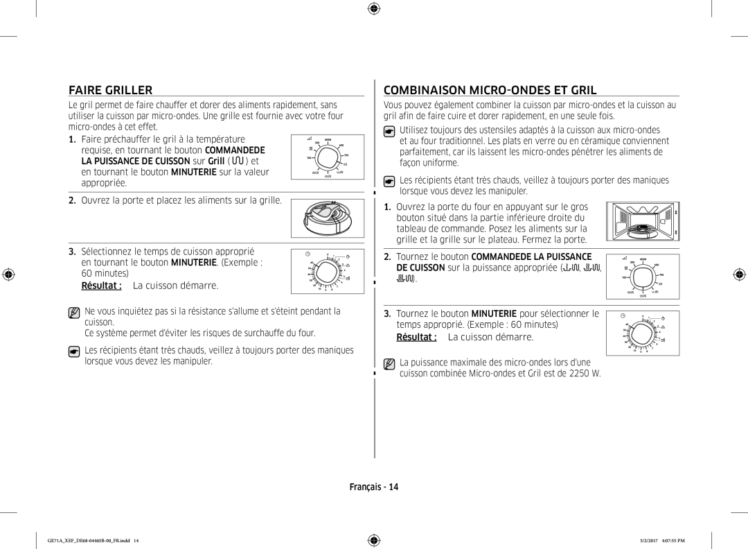 Samsung GE71A-B/XEF manual Faire Griller, Combinaison MICRO-ONDES ET Gril 