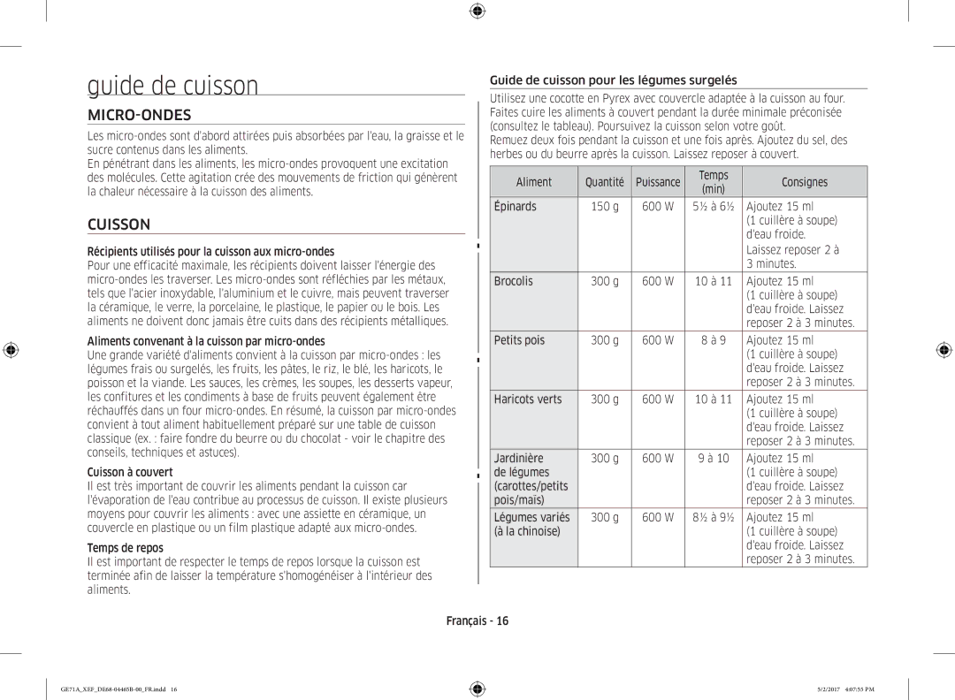 Samsung GE71A-B/XEF manual Guide de cuisson, Micro-Ondes, Cuisson 