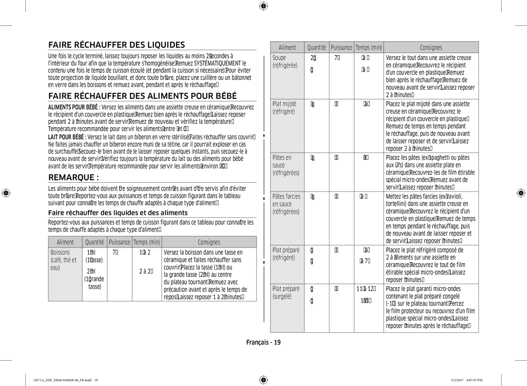 Samsung GE71A-B/XEF manual Faire Réchauffer DES Liquides, Faire Réchauffer DES Aliments Pour Bébé, Remarque 