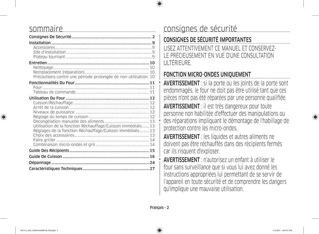 Samsung GE71A-B/XEF Sommaire, Consignes de sécurité, Précautions contre une période prolongée de non-utilisation, Français 