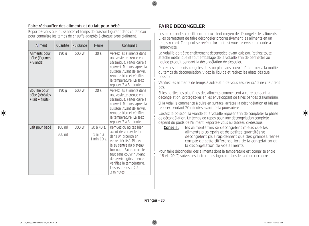 Samsung GE71A-B/XEF manual Faire Décongeler 