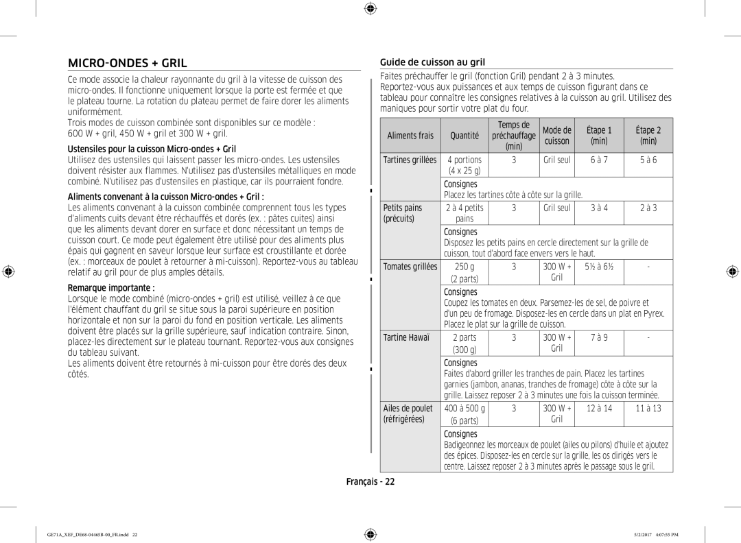 Samsung GE71A-B/XEF manual MICRO-ONDES + Gril 