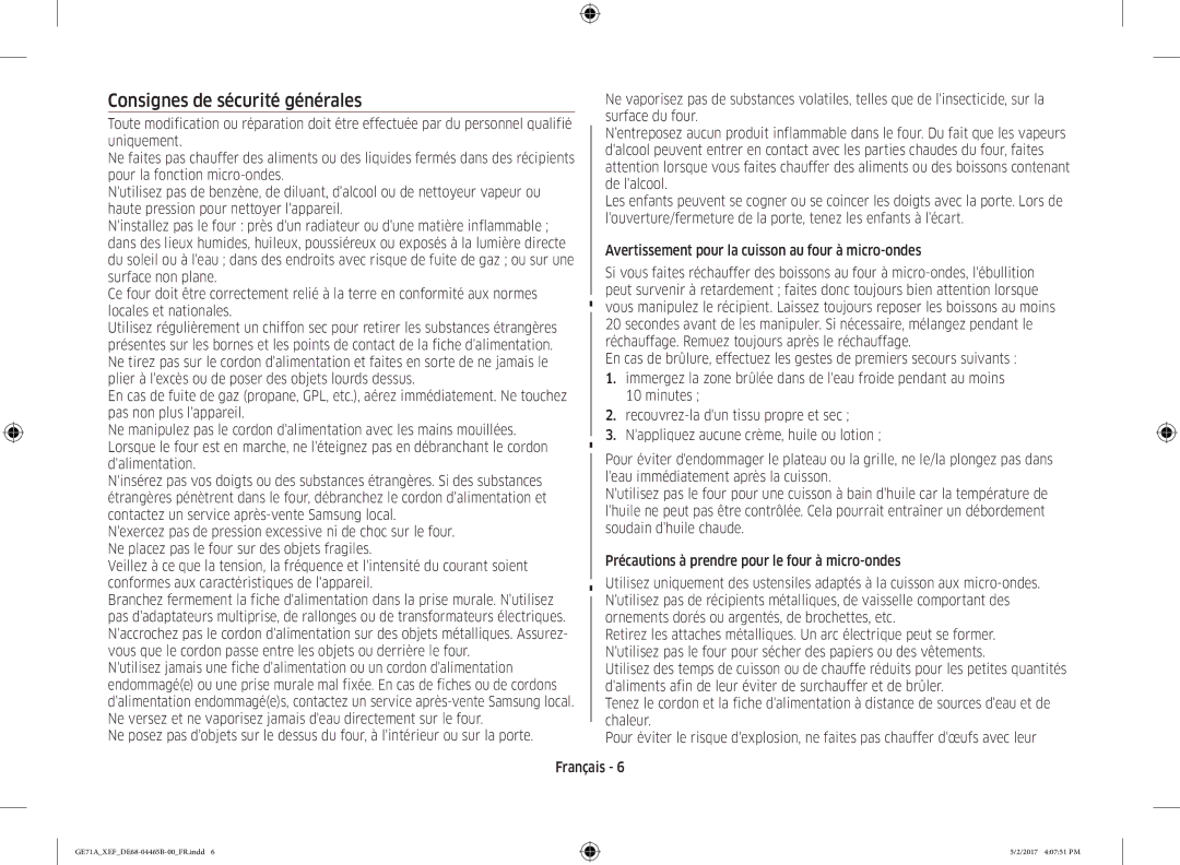 Samsung GE71A-B/XEF manual Consignes de sécurité générales 