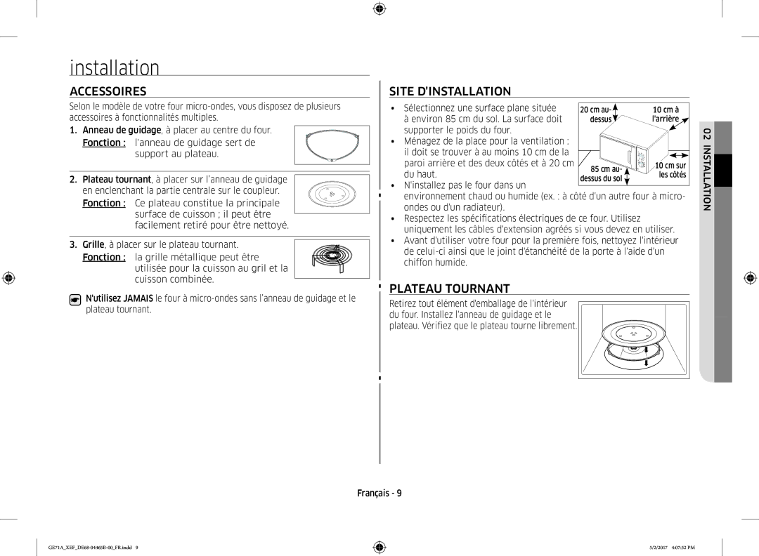 Samsung GE71A-B/XEF manual Installation, Accessoires, Site Dinstallation, Plateau Tournant 