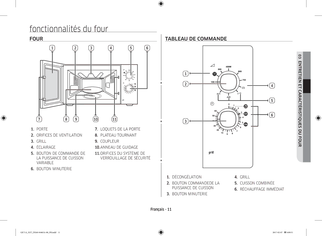 Samsung GE71A/XEF manual Fonctionnalités du four, Four, Tableau DE Commande, Variable Bouton Minuterie 