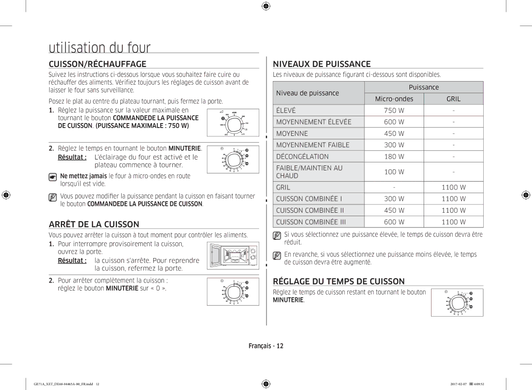 Samsung GE71A/XEF manual Utilisation du four, Cuisson/Réchauffage, Niveaux DE Puissance, Arrêt DE LA Cuisson 