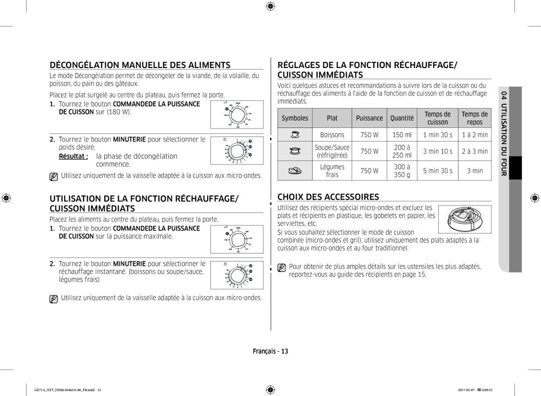 Samsung GE71A/XEF manual Décongélation Manuelle DES Aliments, Utilisation DE LA Fonction RÉCHAUFFAGE/ Cuisson Immédiats 