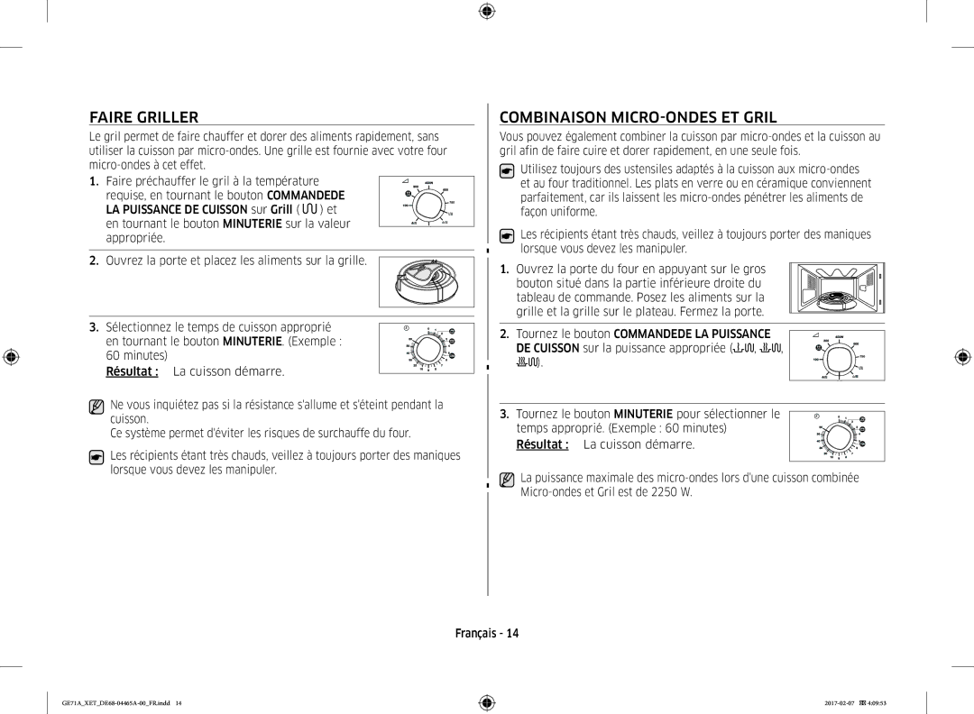 Samsung GE71A/XEF manual Faire Griller, Combinaison MICRO-ONDES ET Gril 