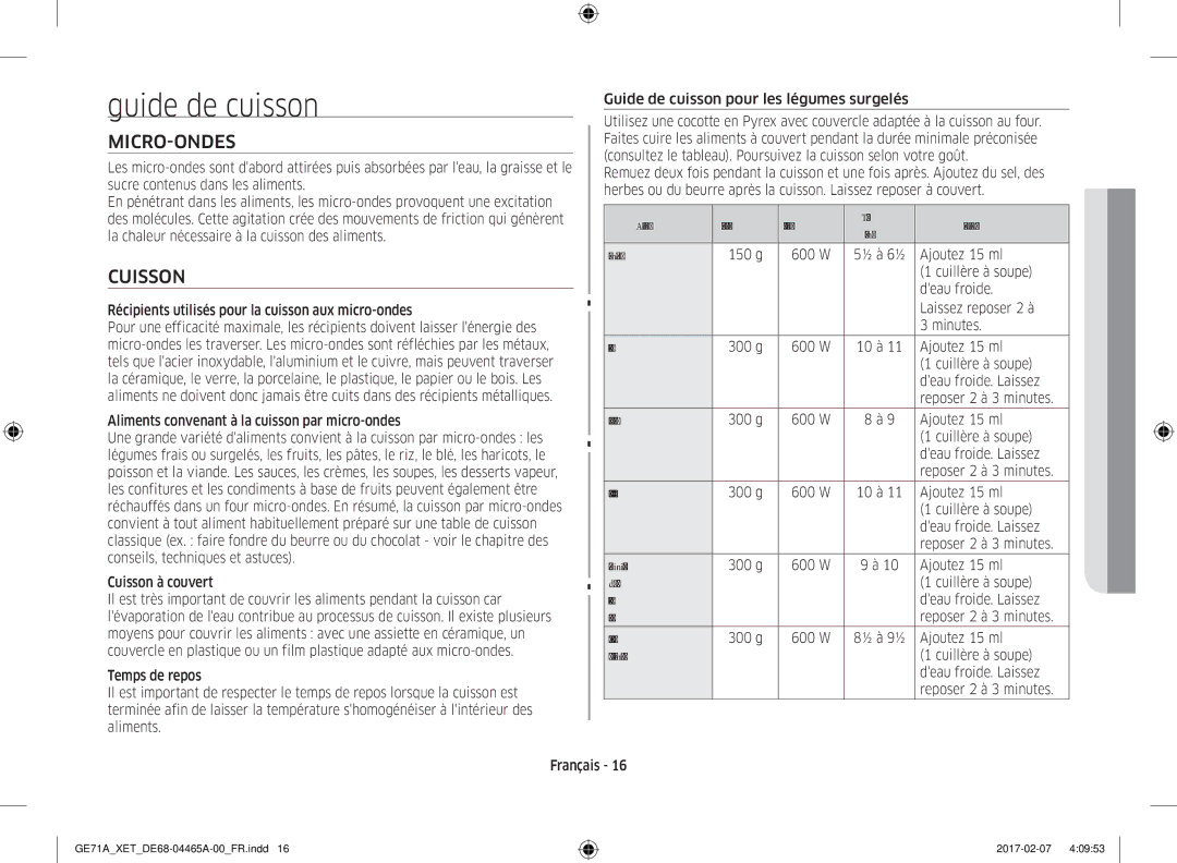 Samsung GE71A/XEF manual Guide de cuisson, Micro-Ondes, Cuisson 