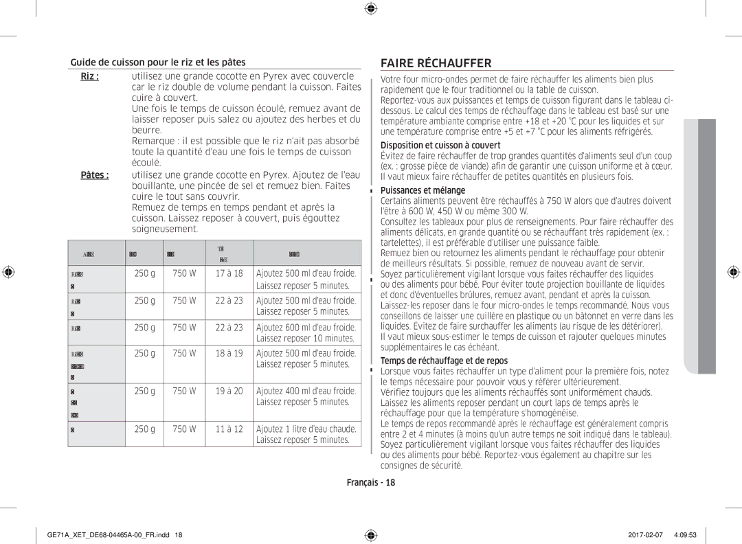 Samsung GE71A/XEF manual Faire Réchauffer 