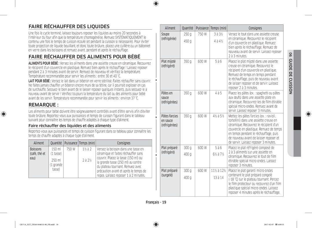 Samsung GE71A/XEF manual Faire Réchauffer DES Liquides, Faire Réchauffer DES Aliments Pour Bébé, Remarque 