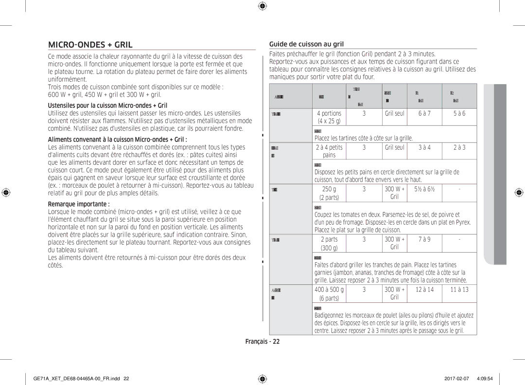 Samsung GE71A/XEF manual MICRO-ONDES + Gril 