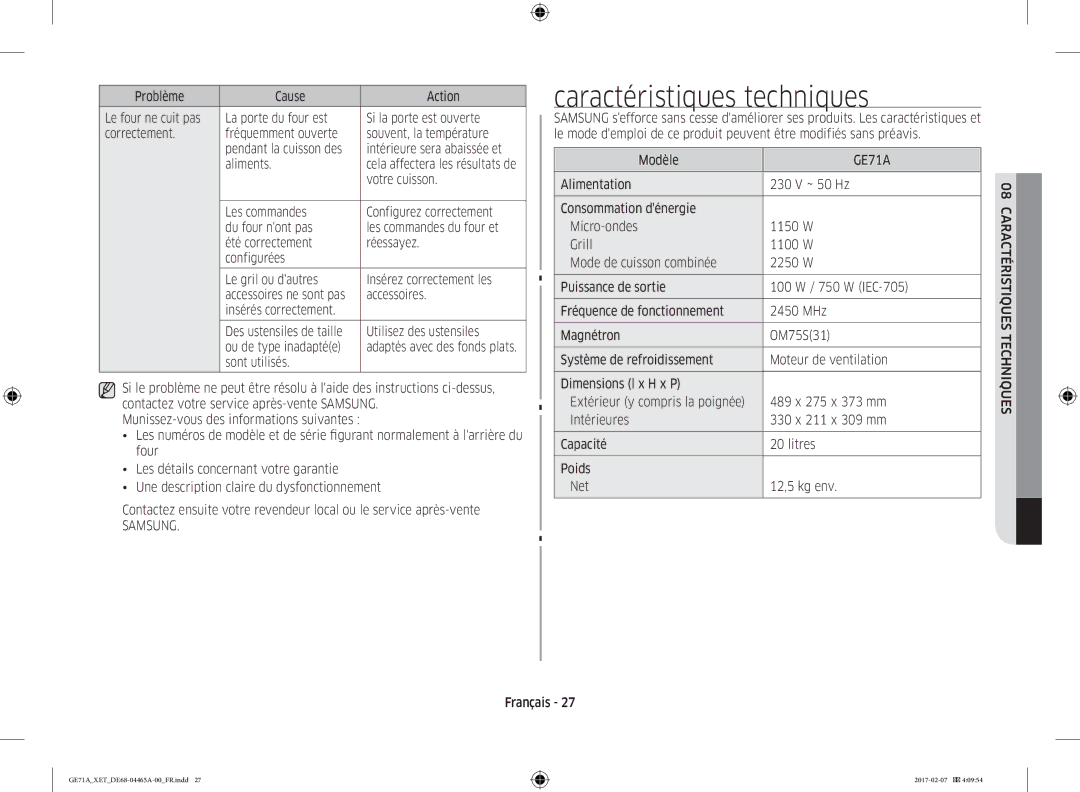 Samsung GE71A/XEF manual Caractéristiques techniques, Samsung 