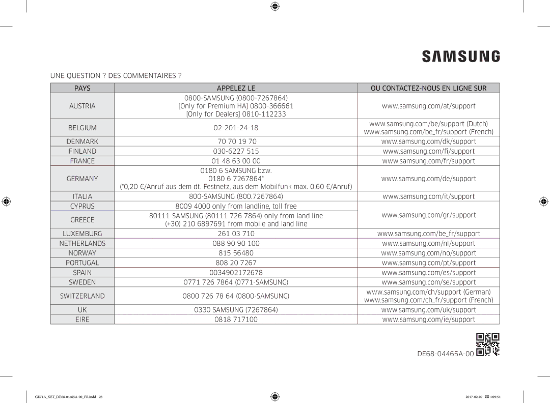 Samsung GE71A/XEF manual Belgium, Denmark, Finland, Luxemburg, Spain, Sweden, Eire 