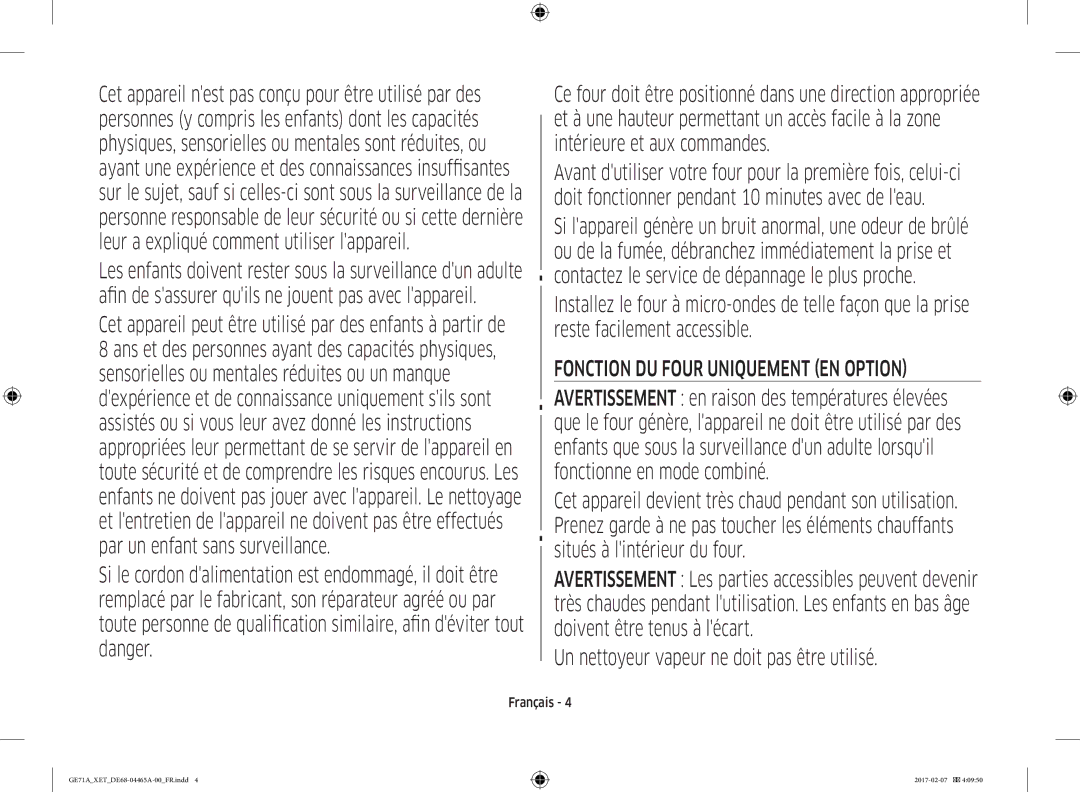 Samsung GE71A/XEF manual Fonction DU Four Uniquement EN Option 