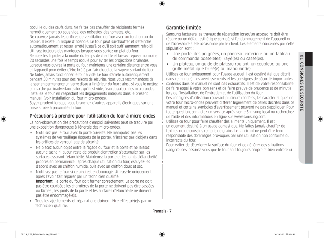 Samsung GE71A/XEF manual Garantie limitée 